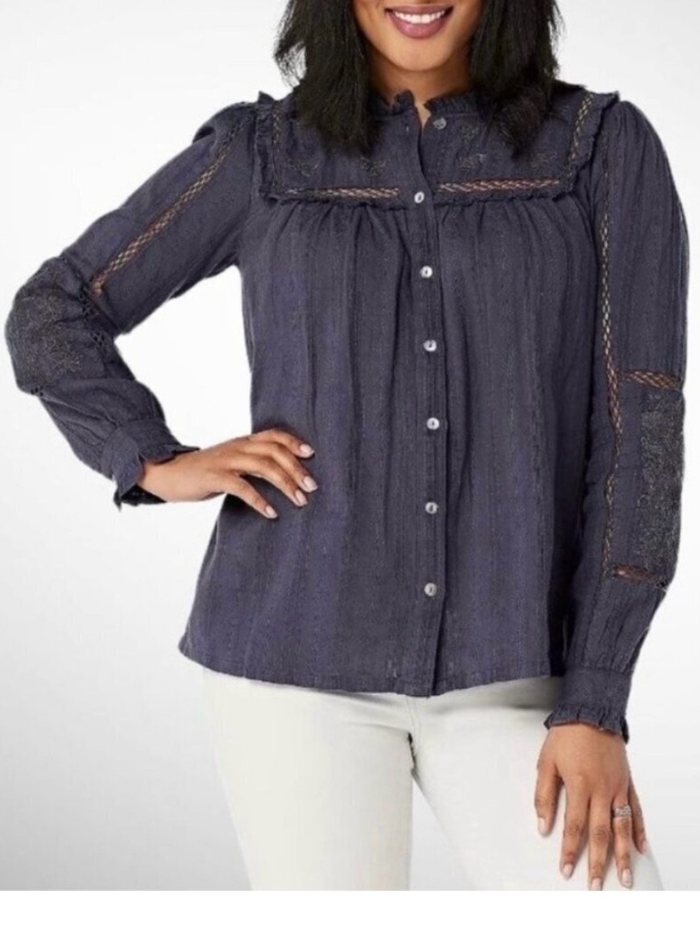 LOGO by Lori Goldstein Embroidered Crochet Ruffle Blouse Top Boho Bohemian XL